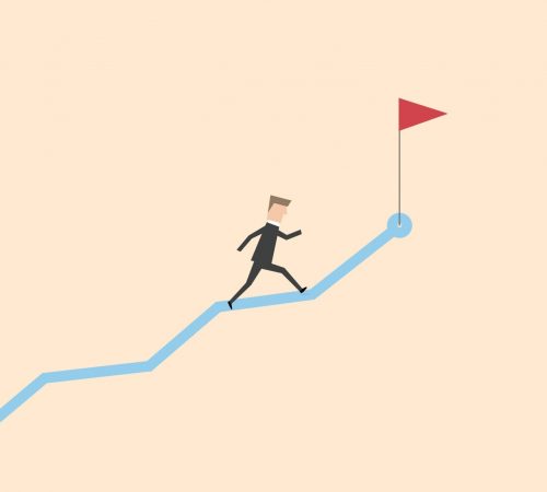 Businessman running on the graph to get the flag of success. Flat design concept of business success, ambition and vision. Vector illustration.
